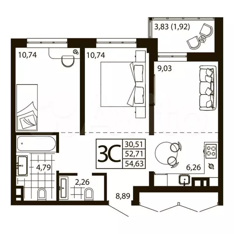 3-к. квартира, 54 м, 24/24 эт. - Фото 0