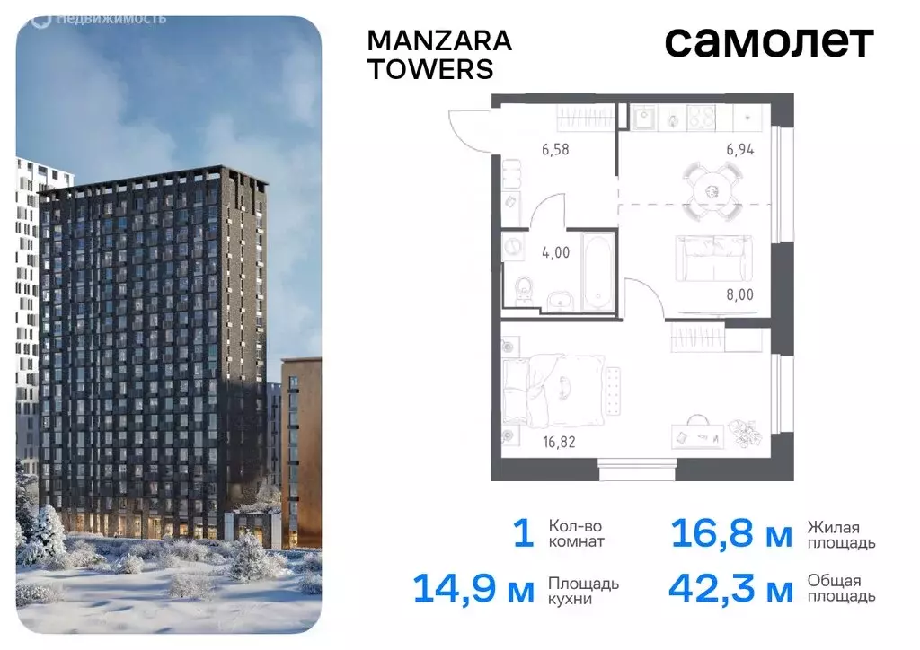 1-комнатная квартира: Казань, жилой комплекс Манзара Тауэрс (37.62 м) - Фото 0