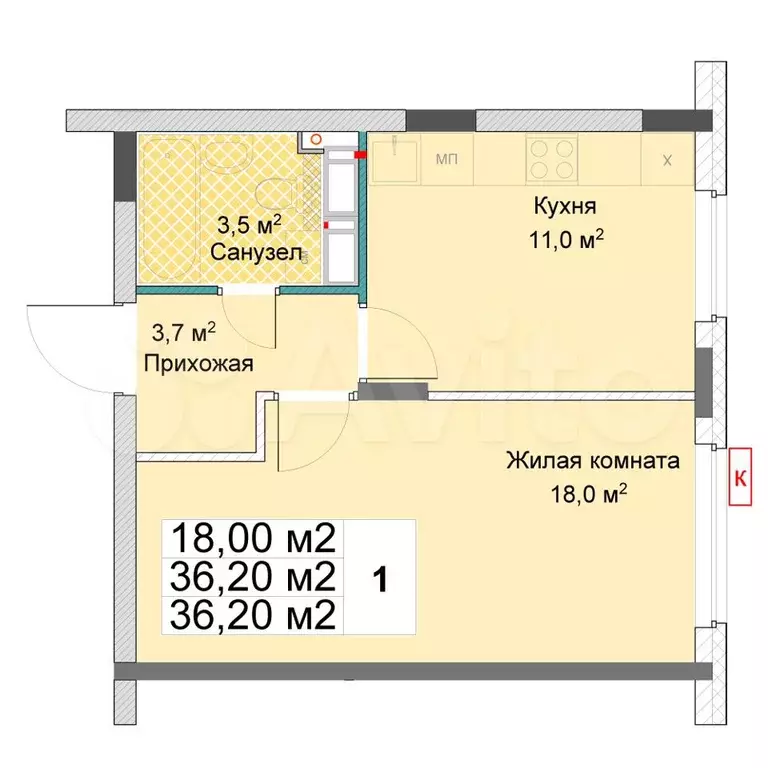 1-к. квартира, 36,2 м, 3/12 эт. - Фото 0