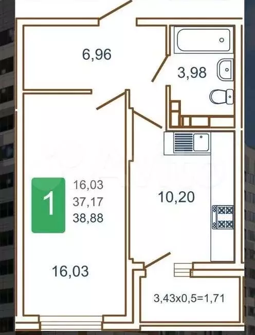 1-к. квартира, 40 м, 16/18 эт. - Фото 1