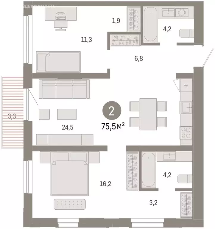 2-комнатная квартира: Новосибирск, Большевистская улица, с49 (75.54 м) - Фото 1