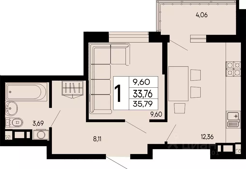 1-к кв. Адыгея, Майкоп 9 Мая ул. (35.79 м) - Фото 1