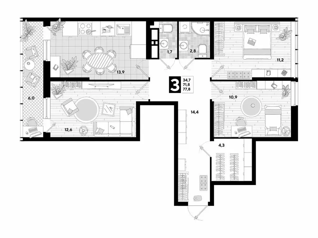 3-комнатная квартира: Краснодар, улица Константина Гондаря, 105 (77.8 ... - Фото 1