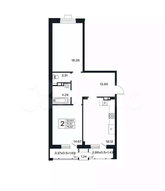 2-к. квартира, 75,9 м, 2/12 эт. - Фото 1
