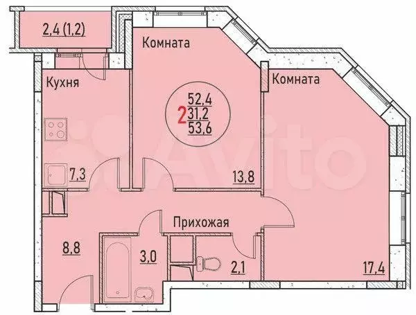 2-к. квартира, 52,4 м, 3/3 эт. - Фото 0