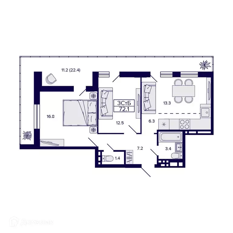 Продаётся квартира-студия, 72.1 м - Фото 1