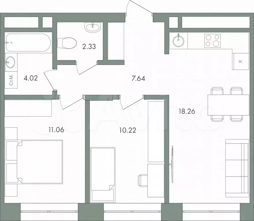 2-к. квартира, 53,5 м, 2/9 эт. - Фото 0