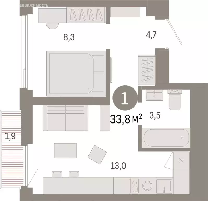 1-комнатная квартира: Тюмень, жилой комплекс Зарека (33.78 м) - Фото 1