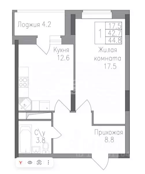 1-к кв. Липецкая область, Липецк ул. Тельмана, 120 (44.8 м) - Фото 2