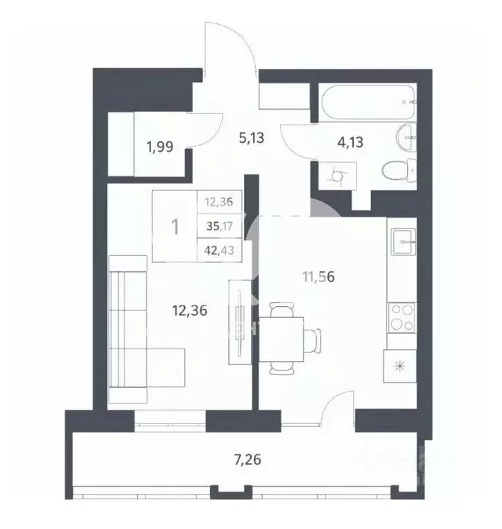 1-к кв. Новосибирская область, Новосибирск ул. Тюленина, 3 (42.43 м) - Фото 1