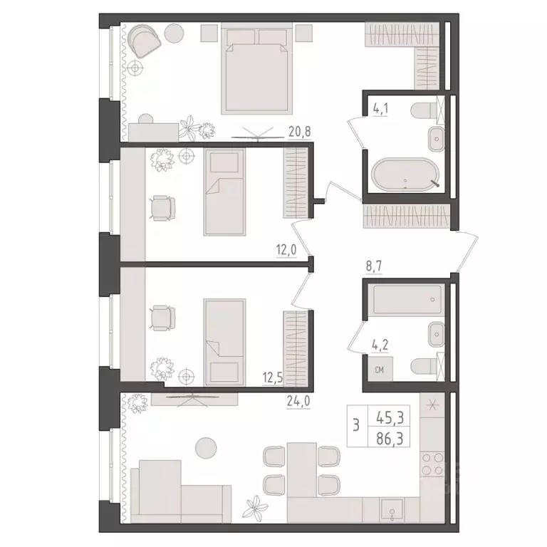 3-к кв. Башкортостан, Уфа 563-й кв-л,  (86.3 м) - Фото 1