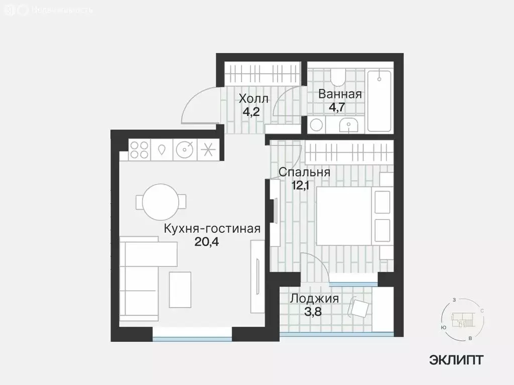 1-комнатная квартира: Тюмень, улица Игоря Комиссарова, 19 (43.19 м) - Фото 1