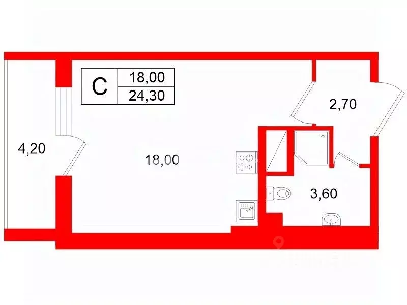 Студия Санкт-Петербург просп. Ветеранов, 169к1 (24.3 м) - Фото 1