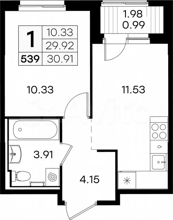 1-к. квартира, 30,9 м, 5/9 эт. - Фото 0