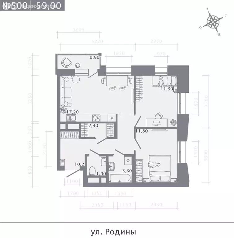 2-комнатная квартира: Казань, улица Родины (59 м) - Фото 1