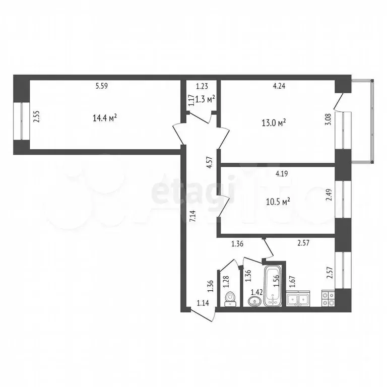 3-к. квартира, 55,7 м, 2/5 эт. - Фото 0