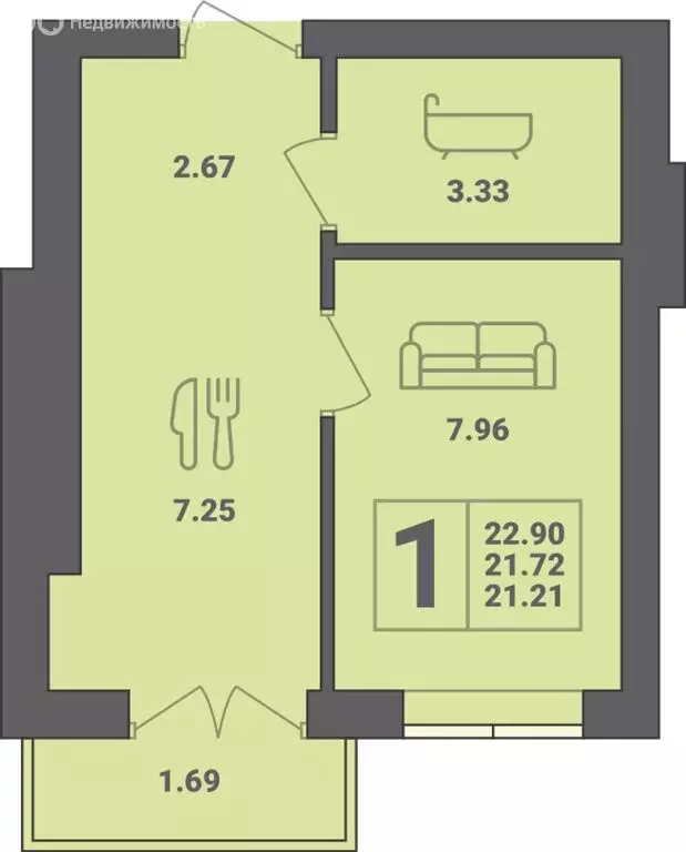 1-комнатная квартира: Пионерский, улица Гептнера, 17 (22.9 м) - Фото 0