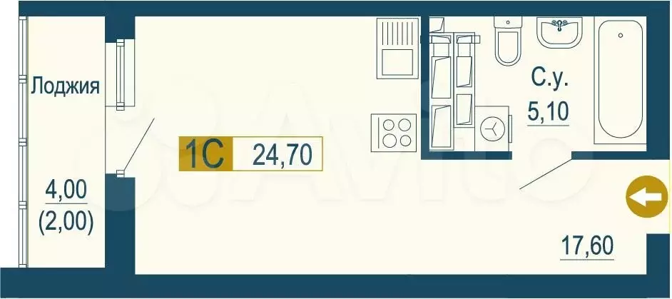 Квартира-студия, 24,7 м, 21/25 эт. - Фото 0