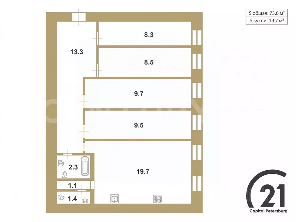 4-к кв. Санкт-Петербург Большой Казачий пер., 9 (73.6 м) - Фото 2