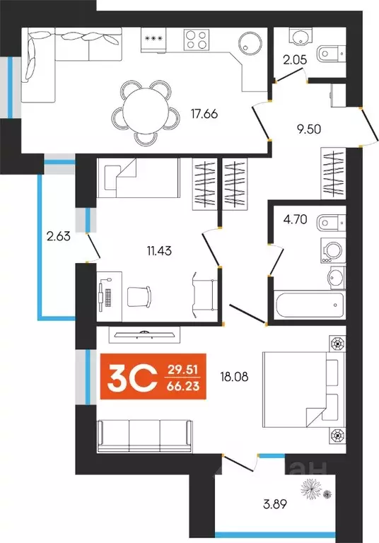 3-к кв. Башкортостан, Октябрьский ул. Островского, 123 (66.23 м) - Фото 1