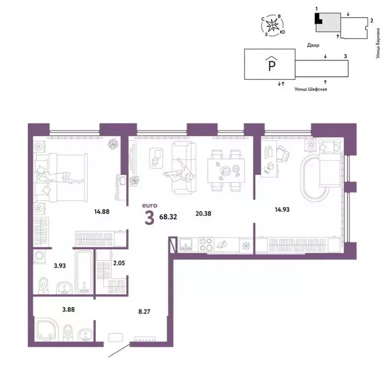 3-к кв. Свердловская область, Екатеринбург ул. Шефская, 22А (68.32 м) - Фото 1