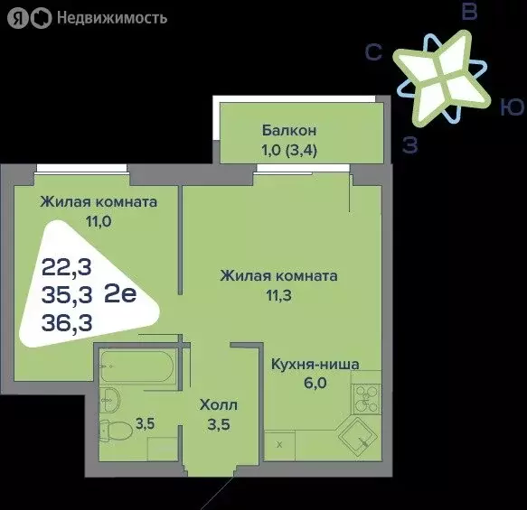 2-комнатная квартира: село Култаево, Первоцветная улица, 107 (36.3 м) - Фото 1