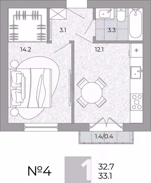 1-к. квартира, 33,1 м, 1/4 эт. - Фото 0