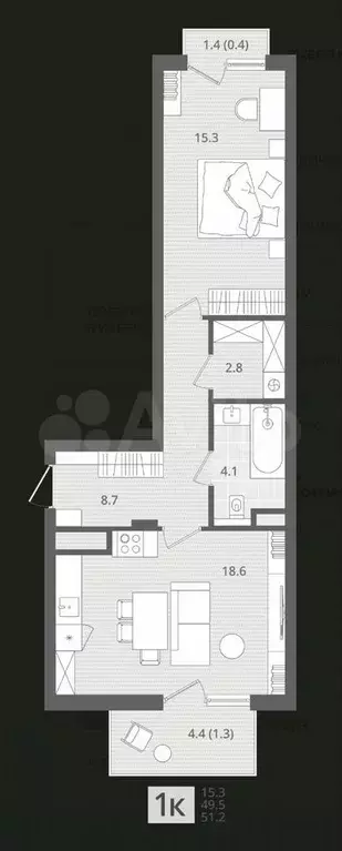 1-к. квартира, 51 м, 7/7 эт. - Фото 1