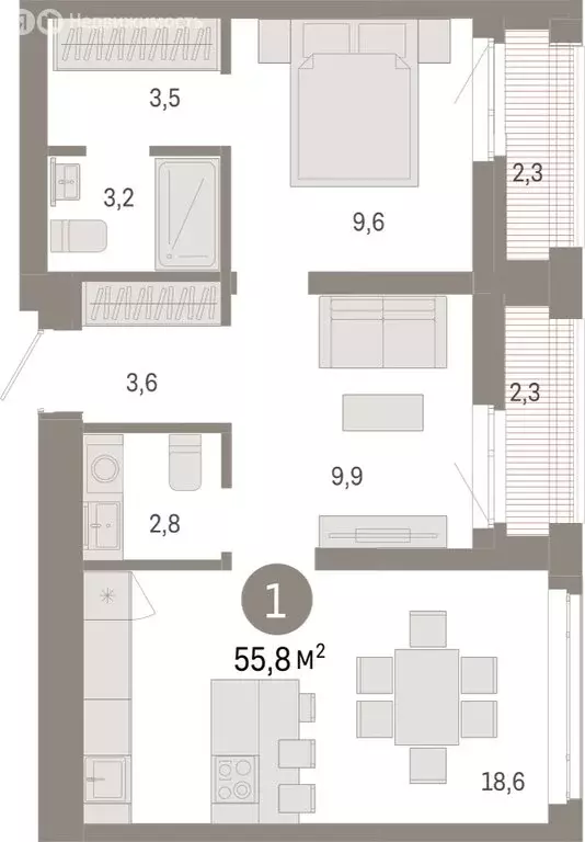 1-комнатная квартира: Тюмень, Ленинский округ (55.79 м) - Фото 1