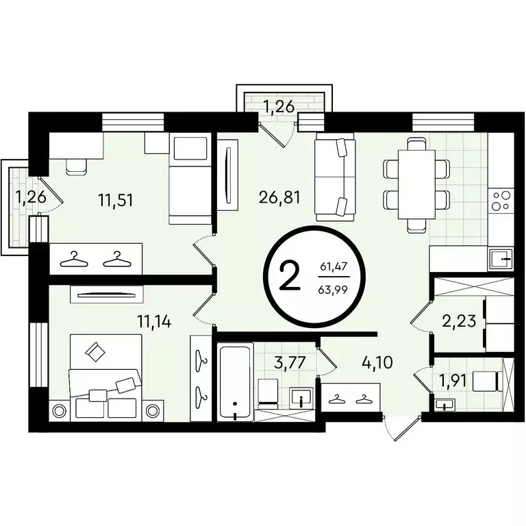 2-комнатная квартира: Тюмень, улица Александра Звягина, 3 (63.99 м) - Фото 0