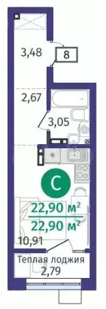 Квартира-студия, 22,9 м, 3/12 эт. - Фото 1