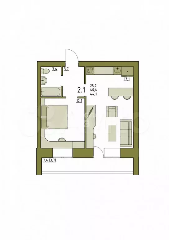 1-к. квартира, 44,1 м, 3/5 эт. - Фото 0