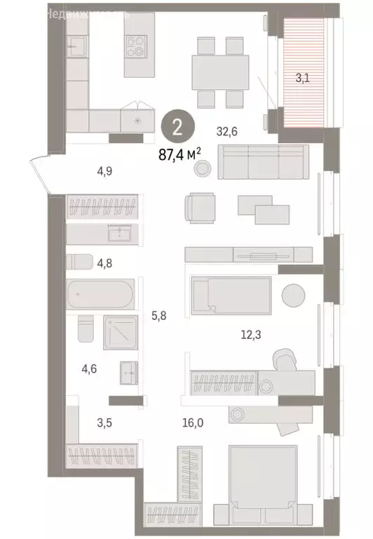 2-комнатная квартира: Тюмень, жилой комплекс На Минской (87.38 м) - Фото 1