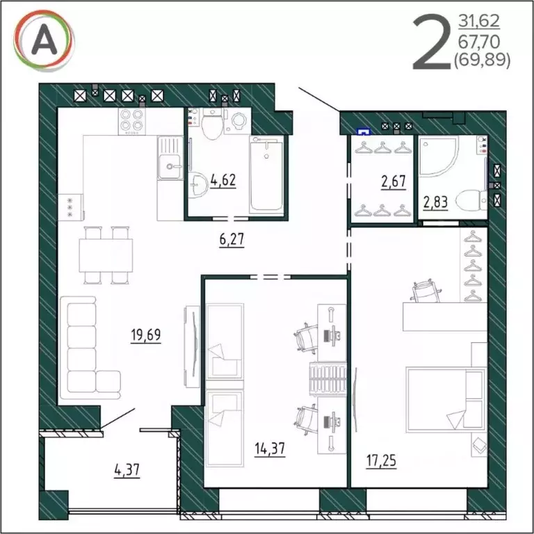 2-к кв. Брянская область, Брянск ул. Ульянова, 24 (69.89 м) - Фото 1