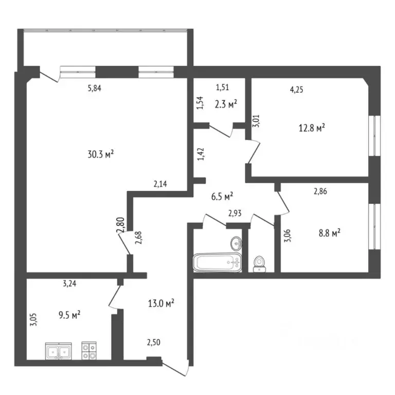 3-к кв. Тюменская область, Тюмень Пролетарская ул., 102 (87.0 м) - Фото 1