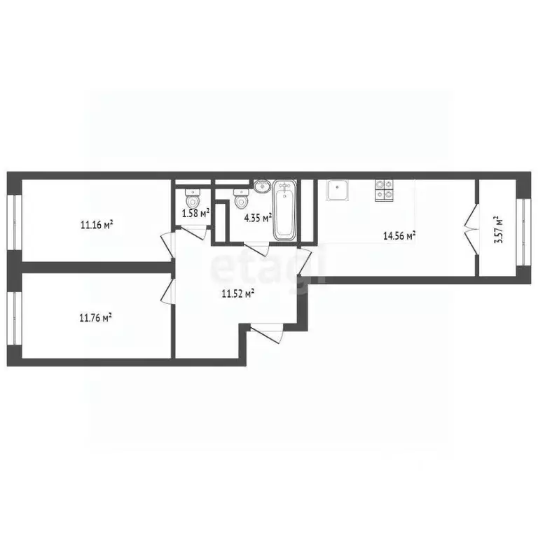 2-к кв. Тюменская область, Тюмень Беринг жилой комплекс (56.72 м) - Фото 2