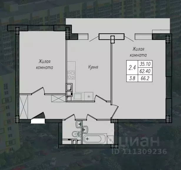 2-к кв. Курская область, Курск ул. Энгельса, 158 (66.2 м) - Фото 0