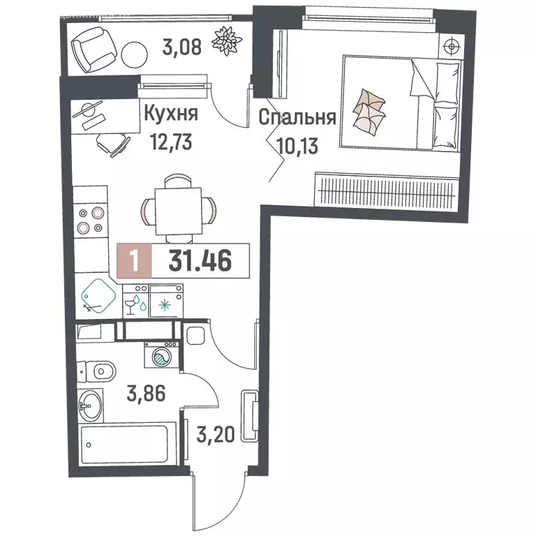 1-комнатная квартира: Мурино, жилой комплекс Авиатор (31.46 м) - Фото 1