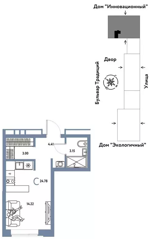 1-комнатная квартира: Тюмень, жилой комплекс Домашний (24.78 м) - Фото 0