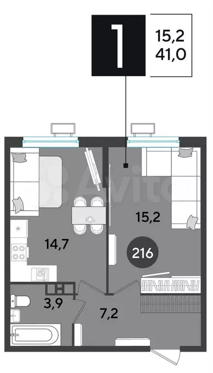 1-к. квартира, 41 м, 9/9 эт. - Фото 1