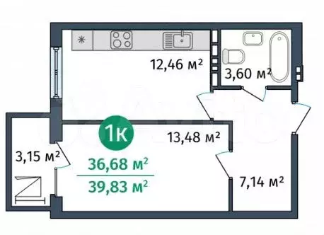 1-к. квартира, 39,8 м, 8/9 эт. - Фото 1