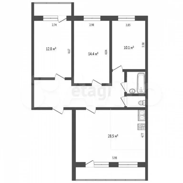3-к. квартира, 89,5 м, 5/6 эт. - Фото 1