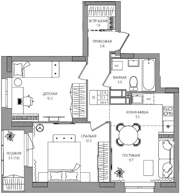 3-комнатная квартира: деревня Кондратово, Водопроводная улица, 5 (52.9 ... - Фото 1