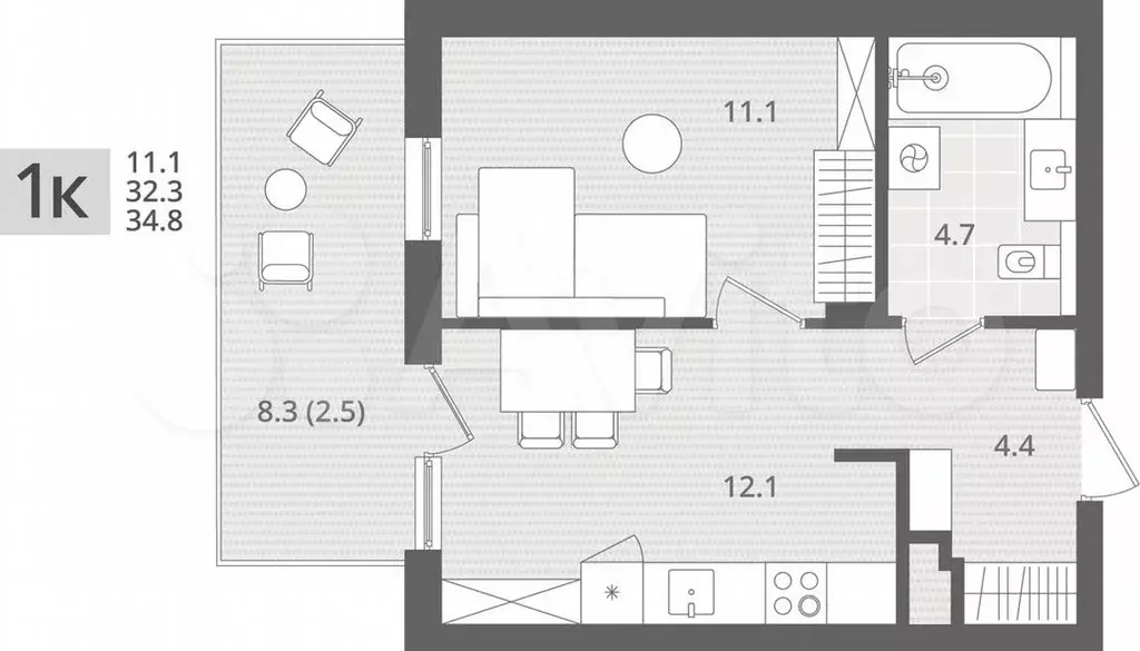 1-к. квартира, 34,8м, 1/7эт. - Фото 1