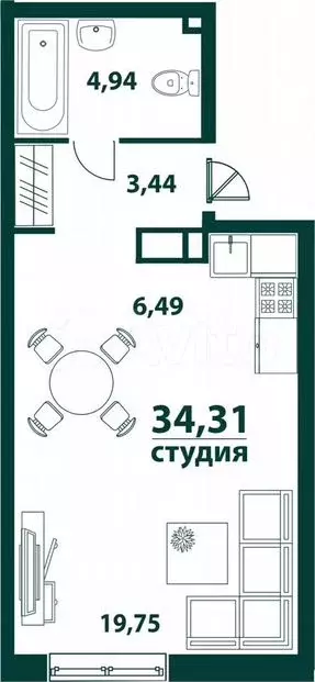 1-к. квартира, 34,3м, 4/24эт. - Фото 0