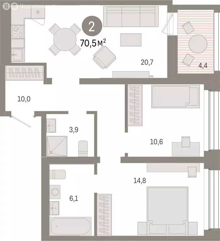 2-комнатная квартира: Тюмень, улица Муравленко, 9/2 (70.49 м) - Фото 1