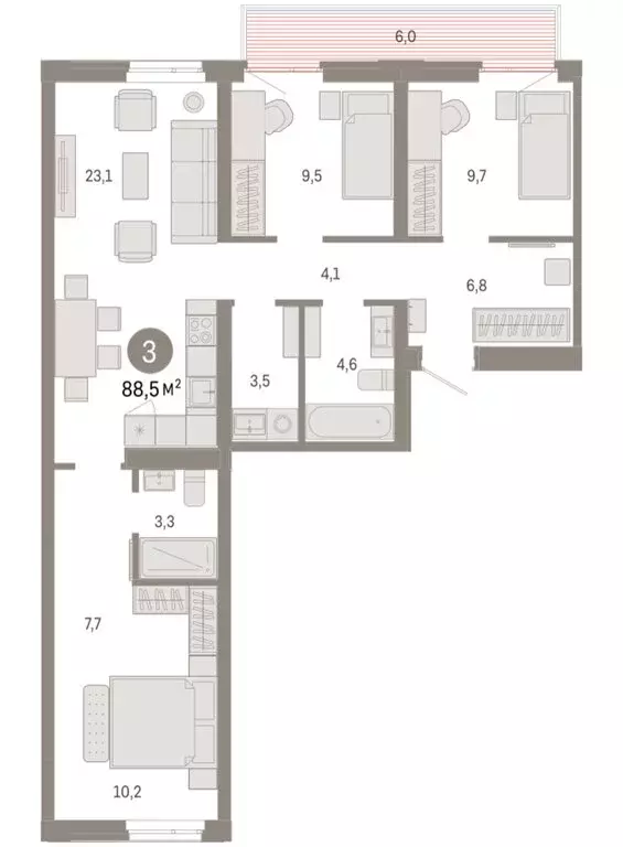 3-комнатная квартира: Тюмень, улица Республики, 205к3 (88.47 м) - Фото 1