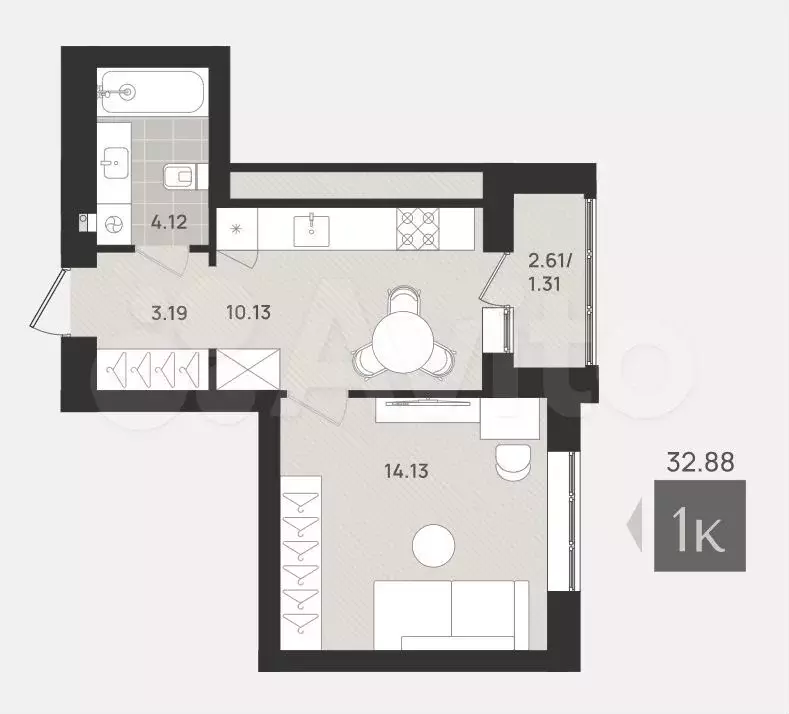 1-к. квартира, 32,8 м, 5/9 эт. - Фото 1