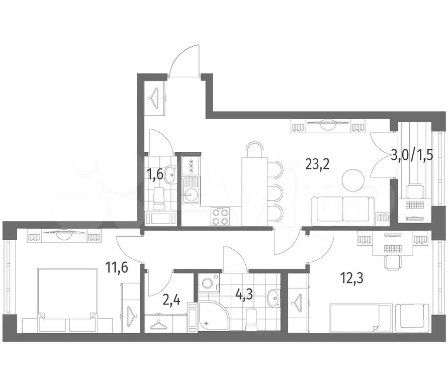 2-к. квартира, 62,6 м, 4/9 эт. - Фото 1