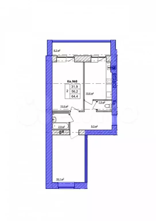 2-к. квартира, 64,4 м, 1/9 эт. - Фото 0